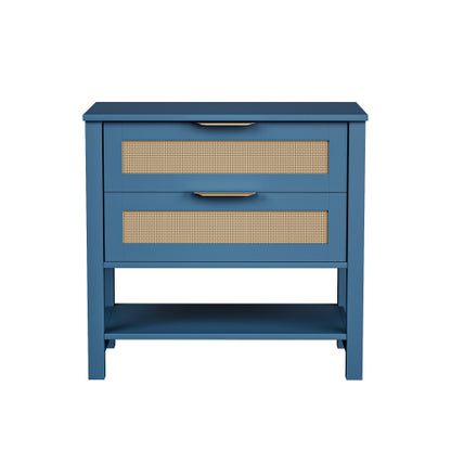 Rattan Nightstand with 2 Drawers and Storage Shelf Boho Bedside Narrow Side Table for Bedroom