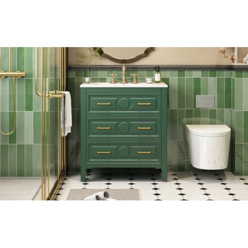 30'' Bathroom Vanity with Ceramic Sink Combo, Free Standing Single Vanity Set with 3 Drawers, Solid Wood Frame Bathroom Storage Cabinet, Green