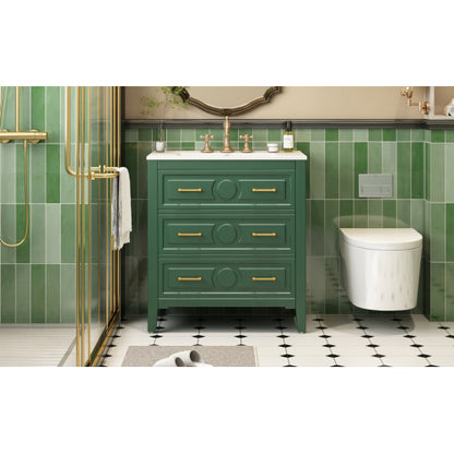 30'' Bathroom Vanity with Ceramic Sink Combo, Free Standing Single Vanity Set with 3 Drawers, Solid Wood Frame Bathroom Storage Cabinet, Green