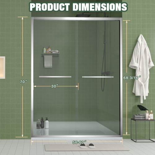 56-60"x70" Aluminum Frame Double Sliding Shower Door,Bypass Bathroom Sliding Door with Premium 5/16" (8mm) Clear Tempered Glass, Chrome Hardware Sliding Glass Shower Enclosure,Chrome Finished