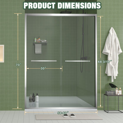 56-60"x70" Aluminum Frame Double Sliding Shower Door,Bypass Bathroom Sliding Door with Premium 5/16" (8mm) Clear Tempered Glass, Chrome Hardware Sliding Glass Shower Enclosure,Chrome Finished