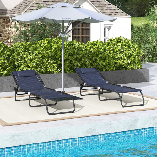 Outsunny Folding Chaise Lounge Pool Chair Set of 2, Patio Sun Tanning Chair, Outdoor Lounge Chair w/ Reclining Back, Pillow, Breathable Mesh & Bungee Seat for Beach, Dark Blue