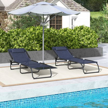 Outsunny Folding Chaise Lounge Pool Chair Set of 2, Patio Sun Tanning Chair, Outdoor Lounge Chair w/ Reclining Back, Pillow, Breathable Mesh & Bungee Seat for Beach, Dark Blue