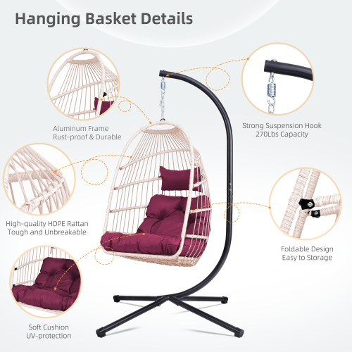 Outdoor Egg Hanging Chair with Stand, Patio Wicker Swing Egg Chair Indoor Swinging Chair Outdoor Hammock Egg Chair. Rose red