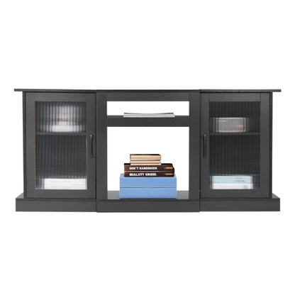 65 Inch Black Minimalist TV Stand with APP Remote LED Light Strips & Tempered Glass Doors