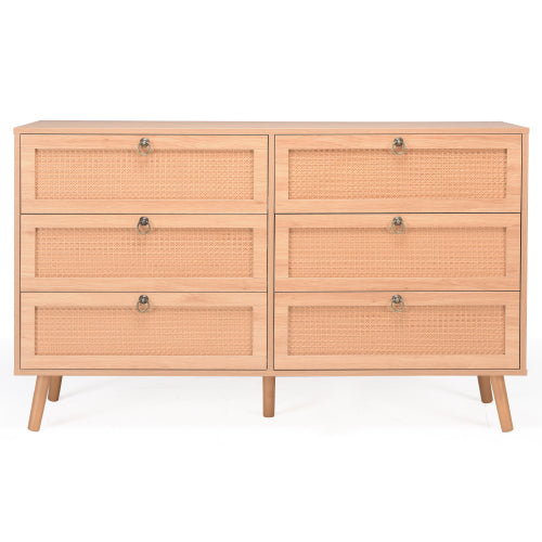 Rattan 6 Drawer Double Dresser for Bedroom, Chest of Dressers, Modern Dresser Drawer Chest