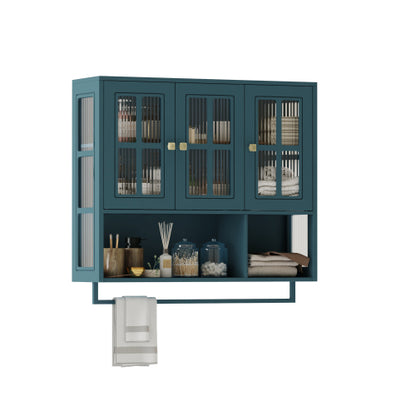 Bathroom Wall Cabinet, 3-Door Wooden Wall Cabinet with Open and Hidden Storage Space, Medicine Cabinet with Glass Door and Towel Bar for Entryway Living Room Bathroom Dining Room,Dark Green