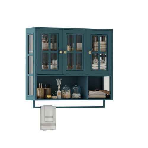 Bathroom Wall Cabinet, 3-Door Wooden Wall Cabinet with Open and Hidden Storage Space, Medicine Cabinet with Glass Door and Towel Bar for Entryway Living Room Bathroom Dining Room,Dark Green
