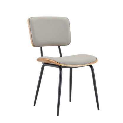 Mid-Century Faux Leather Dining Chairs Set of 2, Walnut Veneer Backrest & Metal Legs, Light Gray