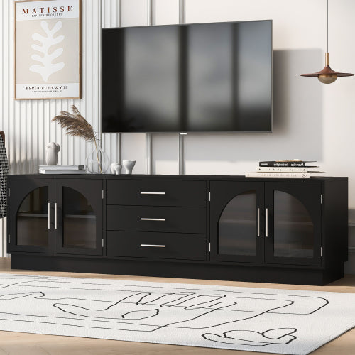 68.9 Inch Minimalist Arched Glass TV Stand for 75 Inch TV with 3 Drawers & Adjustable Shelves
