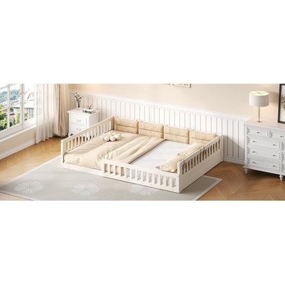 Wood Full Size Upholstered Platform Bed with Guardrail and Pillow, Beige