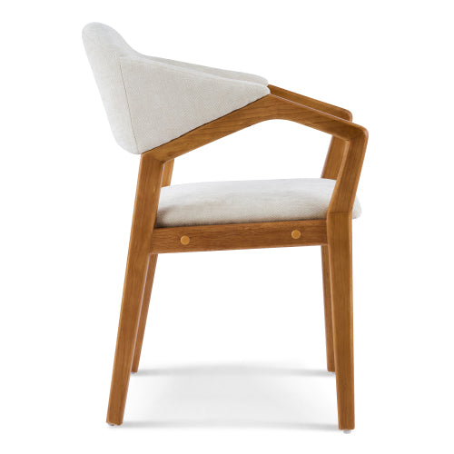 Set of 2 Beige Chenille Arm Dining Chairs, Teak Bent Wood Frame 300lbs Weight Capacity