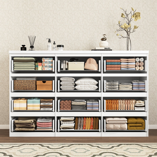 12 Drawers Double Dresser, Modern Wood Dresser Chest of Drawers with Large Storage Space for Bedroom, White