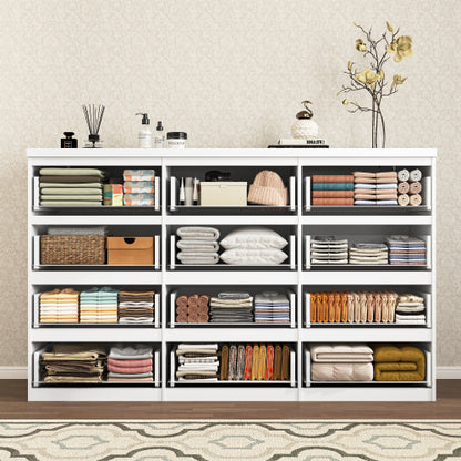 12 Drawers Double Dresser, Modern Wood Dresser Chest of Drawers with Large Storage Space for Bedroom, White