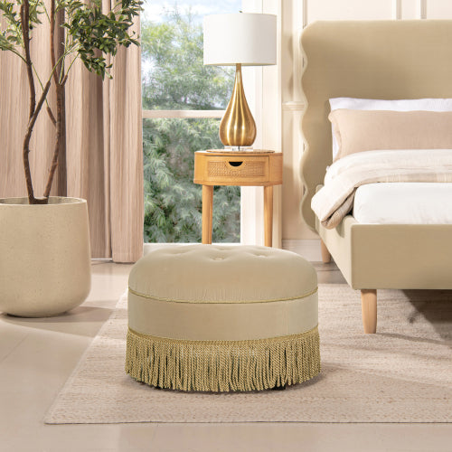24 inch Round Upholstered Accent Ottoman, Fawn Brown Performance Velvet Decorative Stool