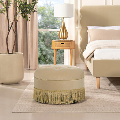 24 inch Round Upholstered Accent Ottoman, Fawn Brown Performance Velvet Decorative Stool