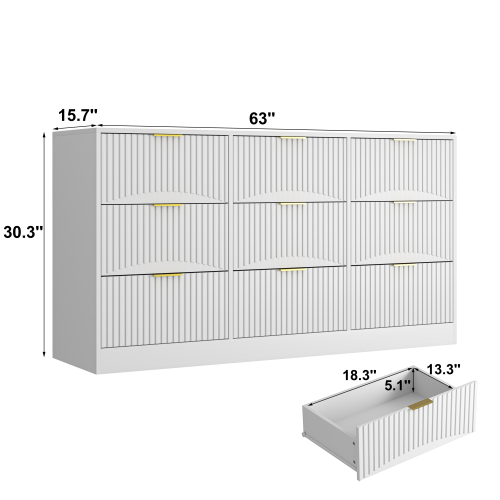 White 9 Drawer Dresser, 63" Large Deep Chest of Drawers, Wooden Dresser Storage Cabinet with 9 Drawers for Bedroom, Long Dressers for Living Room, Hallway, Drawer panel with wavy patterns
