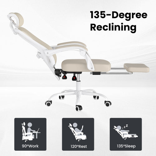 Ergonomic Office Chair with Footrest, Mesh Office Desk Chair with Headrest, High Back Computer Chair with Adjustable Lumbar Support for Home Office Study Room Bedroom, White & Kakhi