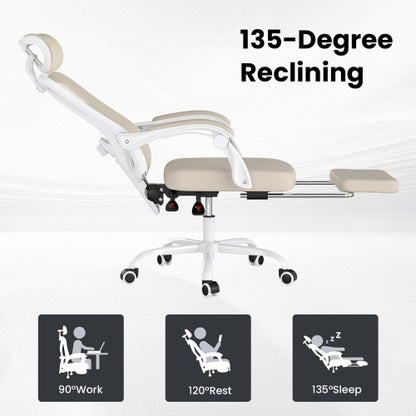 Ergonomic Office Chair with Footrest, Mesh Office Desk Chair with Headrest, High Back Computer Chair with Adjustable Lumbar Support for Home Office Study Room Bedroom, White & Kakhi