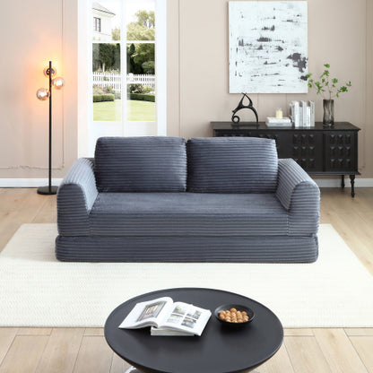 Grey Corduroy Boneless Folding Convertible Sofa-Bed Futon with 2 Pillows, No-Assembly Modular Pull-Out Sleeper Couch