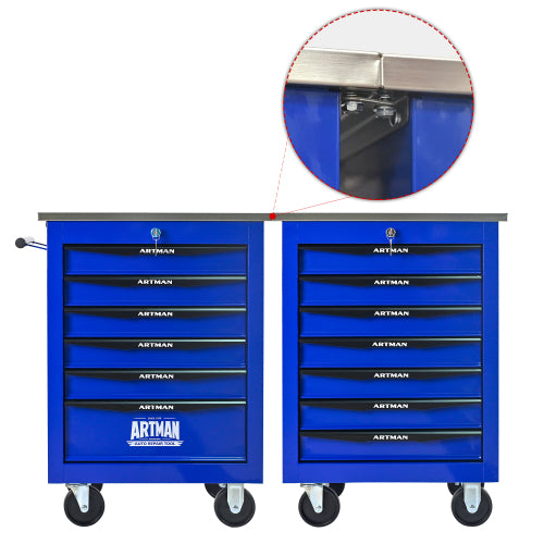 7 Drawers Multifunctional Tool Cart with Wheels Metal Rolling Tool Cart Storage with Stainless Steel Roof Black Blue