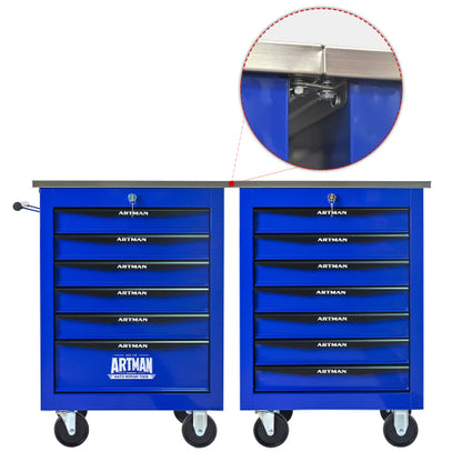 7 Drawers Multifunctional Tool Cart with Wheels Metal Rolling Tool Cart Storage with Stainless Steel Roof Black Blue