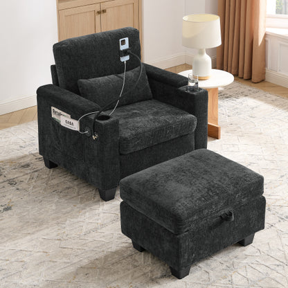 Black Manual-Adjust Recliner Chair with USB, Storage & Ottoman