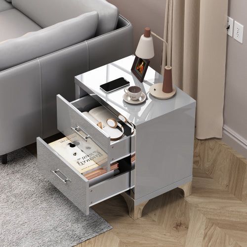 High Gloss Mirrored Nightstand with 2 Drawers,Modern End Table with Drawers,Mirrored High Gloss Wood Nightstand Metal Handle Bedside End Table for Bedroom, Dorm,Living Room,Grey