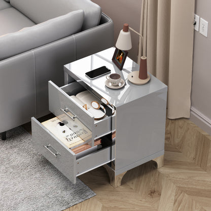 High Gloss Mirrored Nightstand with 2 Drawers,Modern End Table with Drawers,Mirrored High Gloss Wood Nightstand Metal Handle Bedside End Table for Bedroom, Dorm,Living Room,Grey