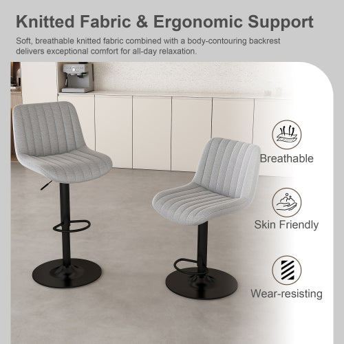 Swivel Bar Stools with Adjustable Height (35.03-43.7 Inches), Backrest, and Soft Knit Fabric - Ideal for Kitchen Island, Bar Counter, Dining Room, Grey(Set of 2)