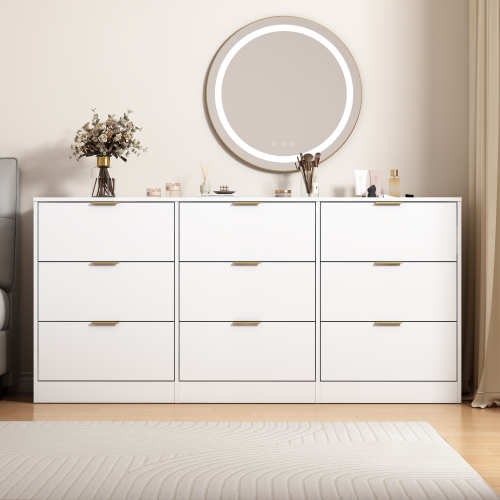 White 9 Drawer Dresser, 63" Large Deep Chest of Drawers, Wooden Dresser Storage Cabinet with 9 Drawers for Bedroom, Long Dressers for Living Room, Hallway