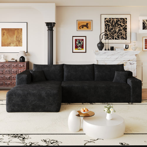 103 inch  Black Plush Corduroy L-Shape Cloud Modular Sofa, No Assembly