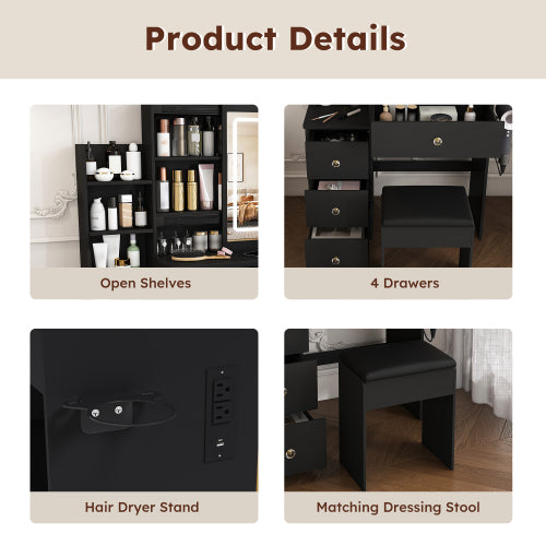 Contemporary Black Vanity Desk with LED Mirror, 4 Drawers & Open Storage, Outlet & Dryer Holder, Includes Dressing Chair
