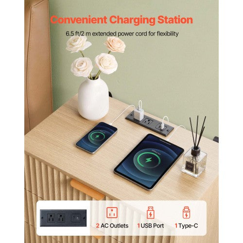 Khaki Mid-Century Fluted Nightstand with Charging Station