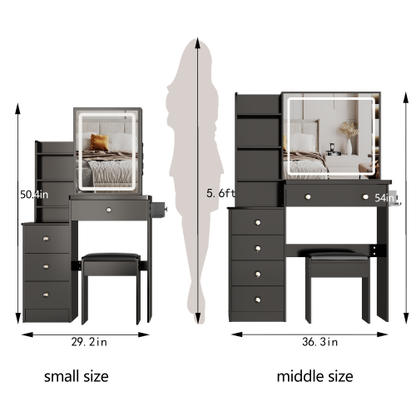 29.2" Small Size Left Bedside Cabinet Vanity Table + Cushioned Stool, 2 AC+2 USB Power Station, Hair dryer bracket, Extra Large Touch Control Sliding LED Mirror, Tri-color Switching, Brightness Adjust