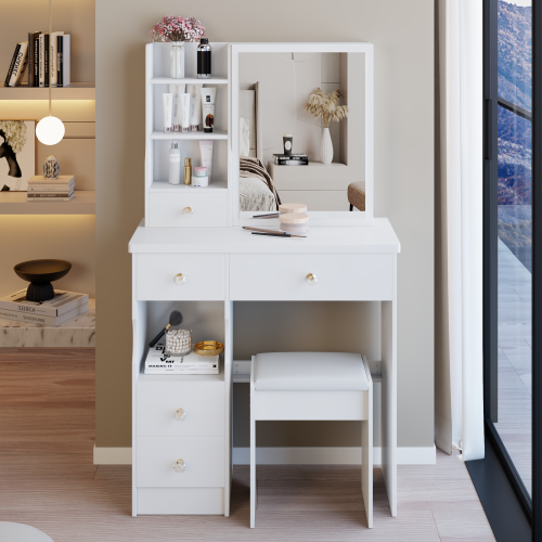 29.2" Small Size Left Drawer Desktop Vanity Table + Cushioned Stool, Extra Large Right sliding mirror, Multi Layer High Capacity Storage, Practical Fashionable Dresser, Suitable For Small Space