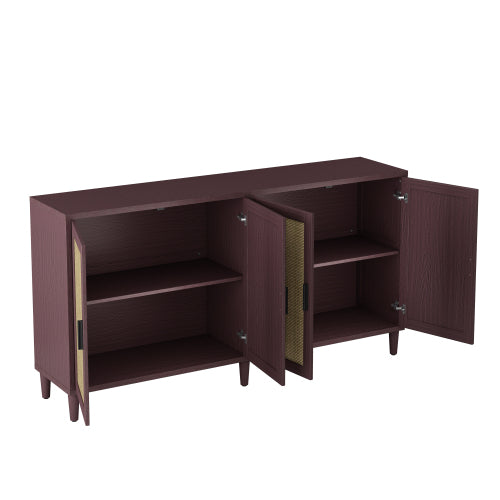 70 Inch Brown Rattan Four-Door Sideboard MDF Solid Wood Leg Adjustable Shelf Easy Assembly Home Storage Cabinet