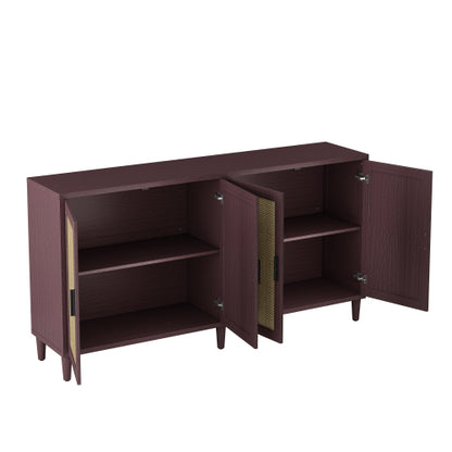 70 Inch Brown Rattan Four-Door Sideboard MDF Solid Wood Leg Adjustable Shelf Easy Assembly Home Storage Cabinet