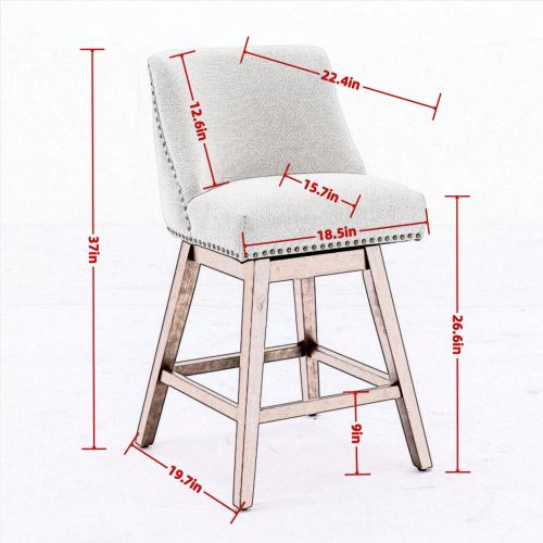 Counter Height Swivel Barstools, 26inch  H Seat Height Upholstered Bar Stools Set of 2, Fabric in Ivory