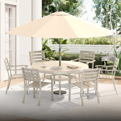 Outdoor Round Patio Dining Table for 6-7, All Weather Metal Dining Table with Umbrella Hole for Deck Lawn Garden Backyard, Sandstone Color