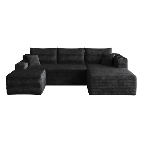 95-Inch Black Plush Corduroy U-Shaped Cloud Sectional Sofa with 1 Ottoman, Deep-Seat Corner Couch No-Assembly for Living-Room