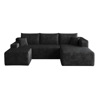 95-Inch Black Plush Corduroy U-Shaped Cloud Sectional Sofa with 1 Ottoman, Deep-Seat Corner Couch No-Assembly for Living-Room