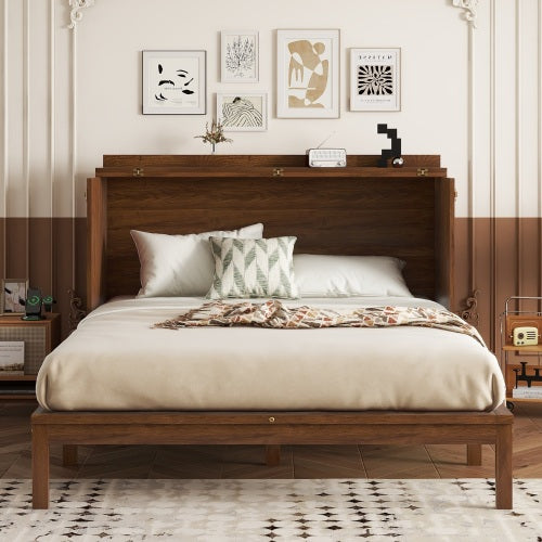 Queen Murphy Cabinet Bed with Charging Station Drawer and Rattan Panels Walnut