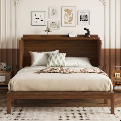 Queen Murphy Cabinet Bed with Charging Station Drawer and Rattan Panels Walnut