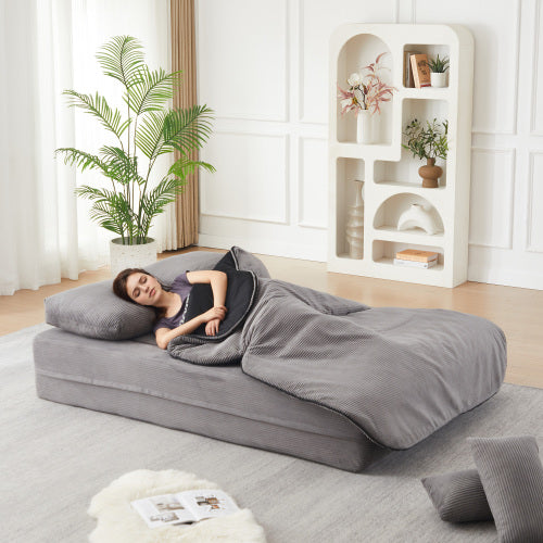 75 inch  Corduroy Convertible Floor Sofa Bed with Built-in Blanket & 4 Pillows