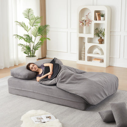 75 inch  Corduroy Convertible Floor Sofa Bed with Built-in Blanket & 4 Pillows