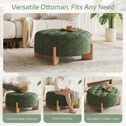 Green Round Chenille Tufted Ottoman, 32 Inch Button Tuft Footrest with L-Shaped Rubberwood Legs, 250 LBS Capacity