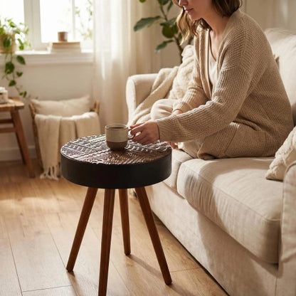 15.7inch  Mini Round Wooden Side Table, Brown & Black