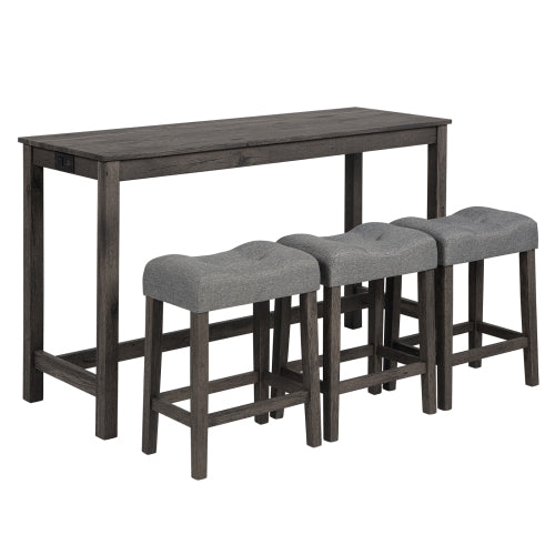 4 Piece Bar Table Set with Power Outlet,Bar Table Set with Chairs,Sofa Bar Table with Stools,Behind Couch Table with 3 Padded Stools,for Living Room,Dining room, Dark Gray