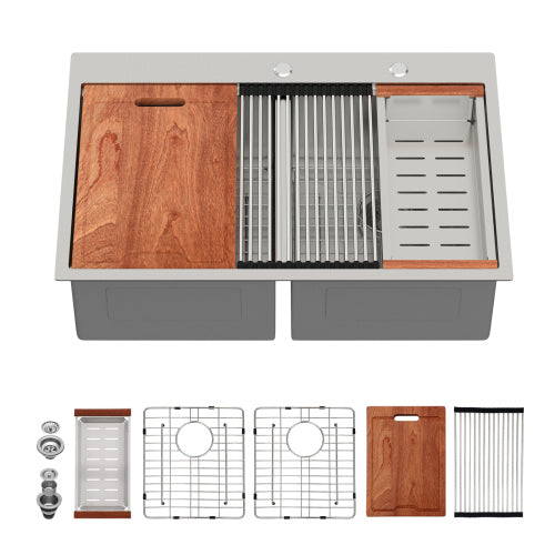 Topmount Drop in Kitchen Sink - 33" x 22" x 10" Double Bowl (50/50) Kitchen Sink 16 Gauge with Two 10" Deep Basin, Brushed Nickel